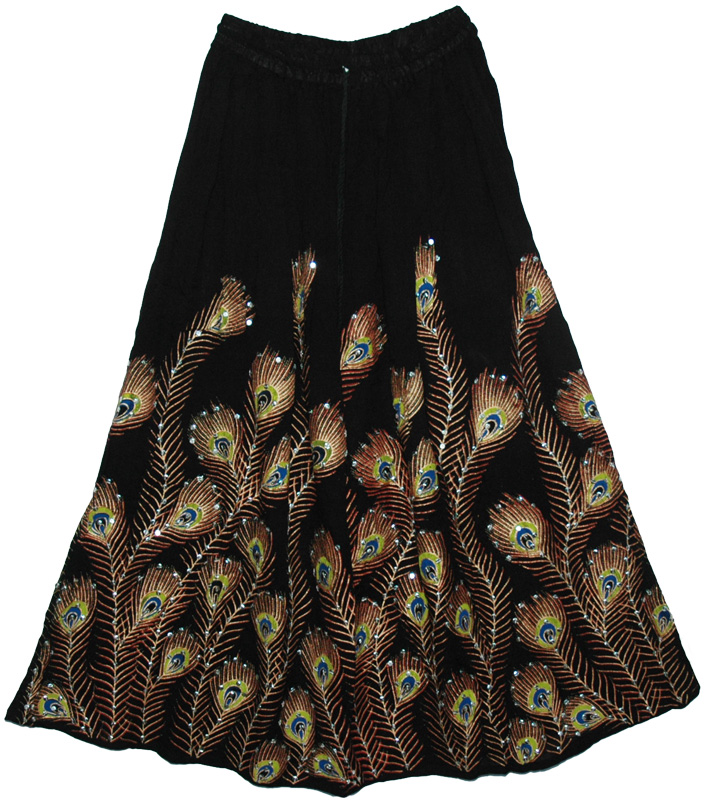 Peacock Black Sequined Indian Skirt, Peacock Pacifika Black Sequin Long Skirt