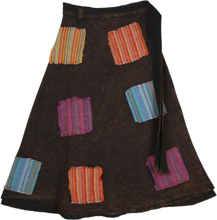 Cocoa Brown Stripes Patches Wrap Skirt