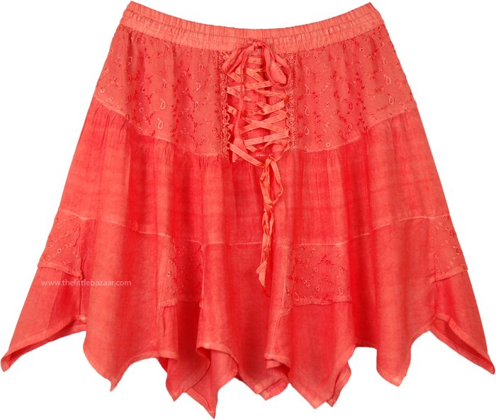 Coral Reef Summer Rodeo Mini Skirt with Tie Up Lace and Tiers