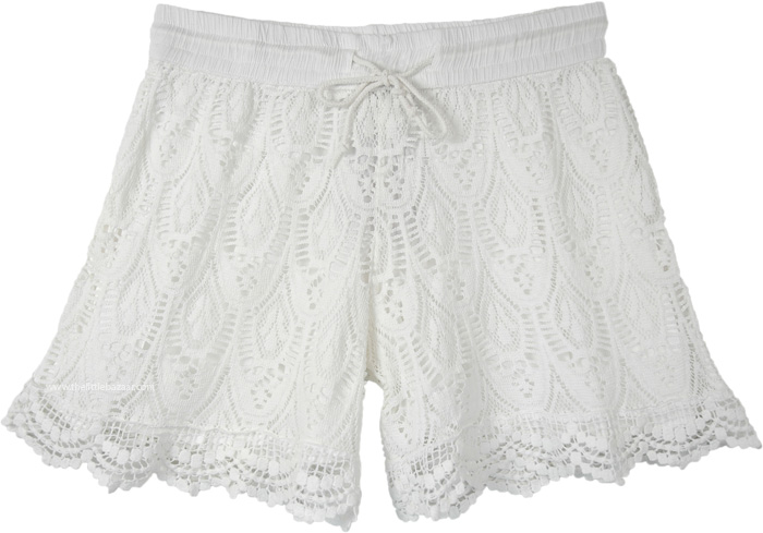 Scalloped Hem Pure White Cotton Crochet Shorts For Women
