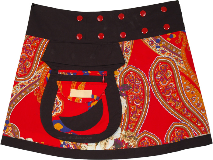 Snap Wrap in Red Paisley Reversible Short Skirt