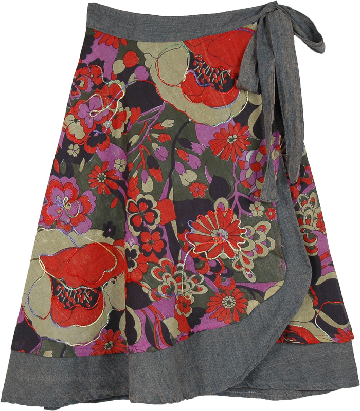 Boho Floral Wrap Around Short Skirt in Double Layer Style