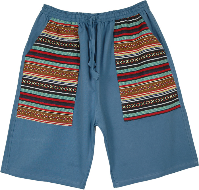 Blue Boho Woven Pockets Long Shorts in Cotton