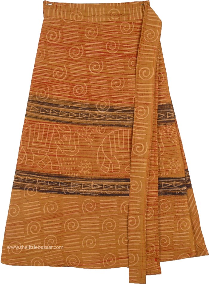 Gypsy Above Knee Wrap Skirt with Elephant Print in Brown