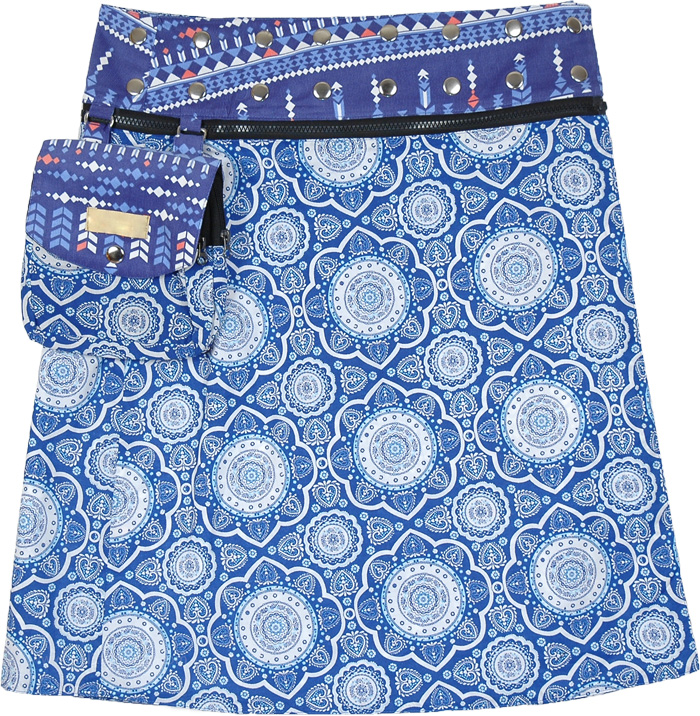 Reversible Blue Short A-Line Wrap Skirt Pocket