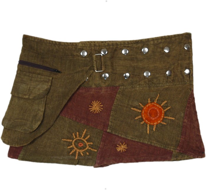 Helio Shine Patchwork Snap Wrap Mini Skirt