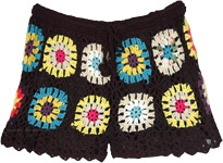 Black Bohemian Crochet Shorts with Multicolored Flowers