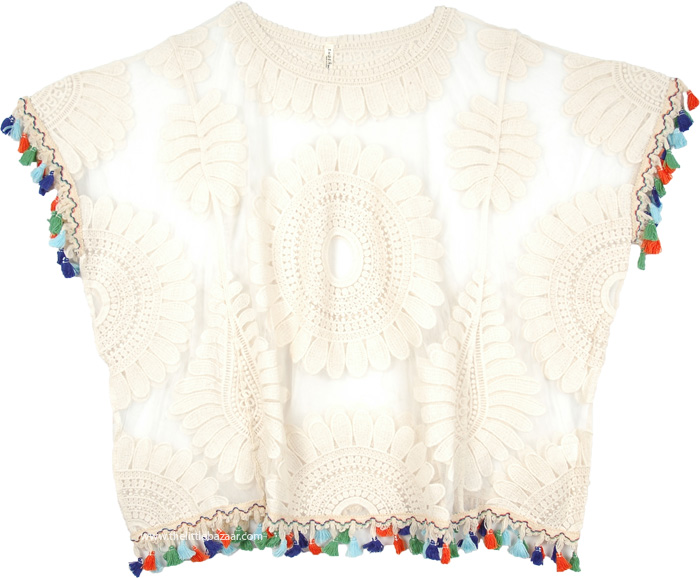 Embroidered Lace White Top with Boho Tassels