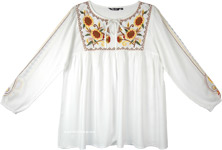 Sunflower Embroidered Baby Doll Tunic Top with Long Sleeves