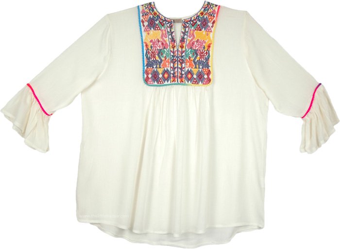 White Boho Tunic Top with Tribal Style Embroidery