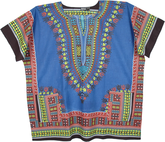 Plus Size Dashiki African Unisex Cotton Shirts in Blue