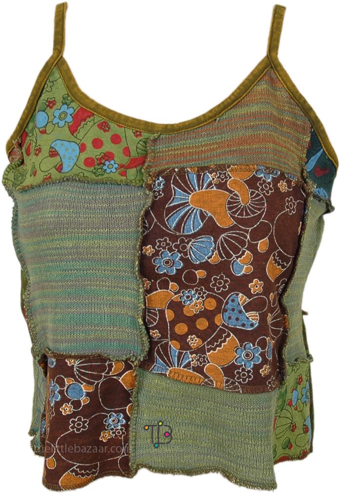 Hippie Green Shroom Patchwork Cropped Top
