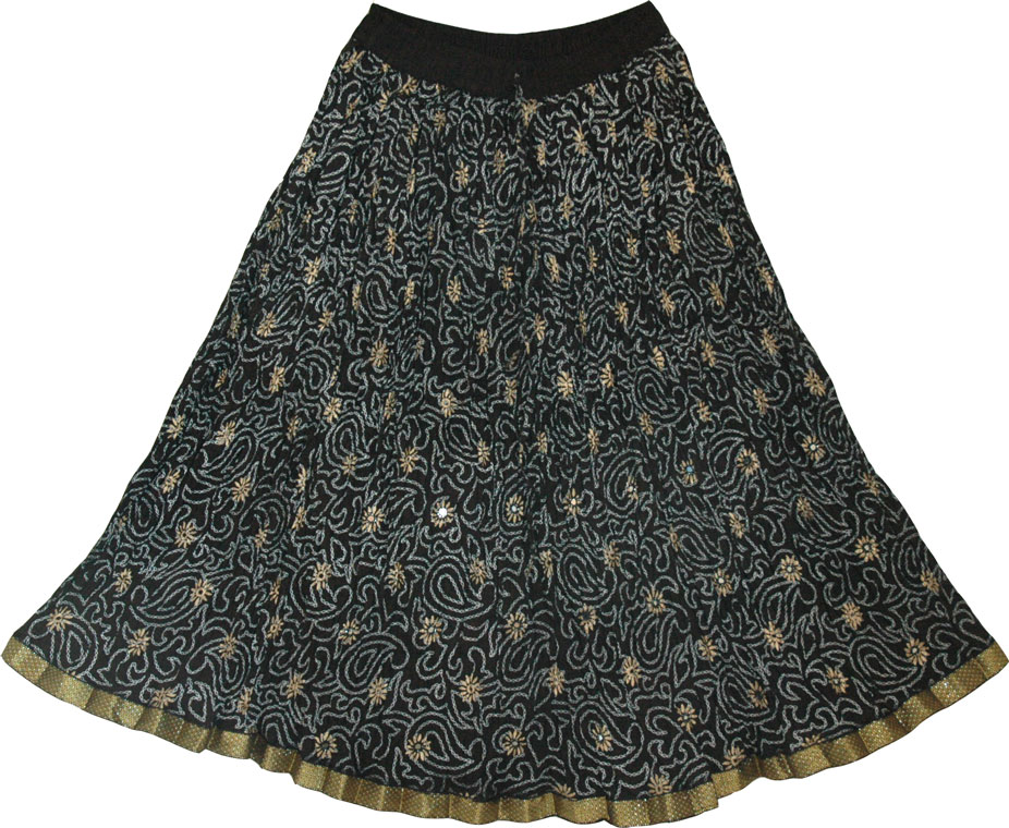 Dancing Black Short Summer Skirt, Black Golden Short Crinkle Skirt