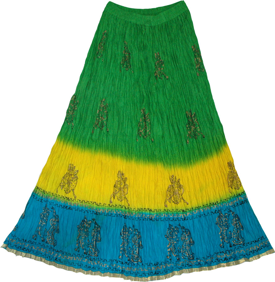 Crinkle long skirt with batik print,  indian long skirt, Forest Green Crinkle Long Summer Skirt  