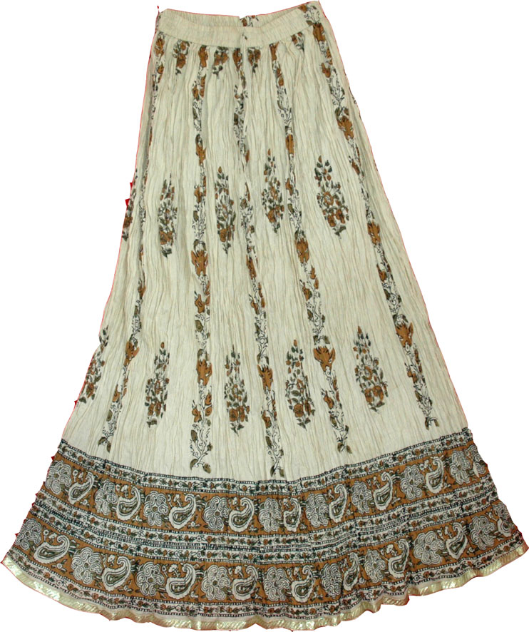 Crinkle Summer Long Skirt in pure cotton, Light Brown Crinkle Cotton Skirt