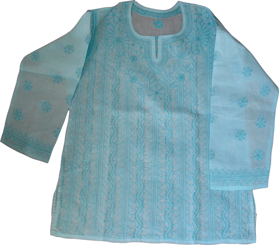 Blue Cotton Summer Shirt with Embroidery, Neptune Cotton Summer Top