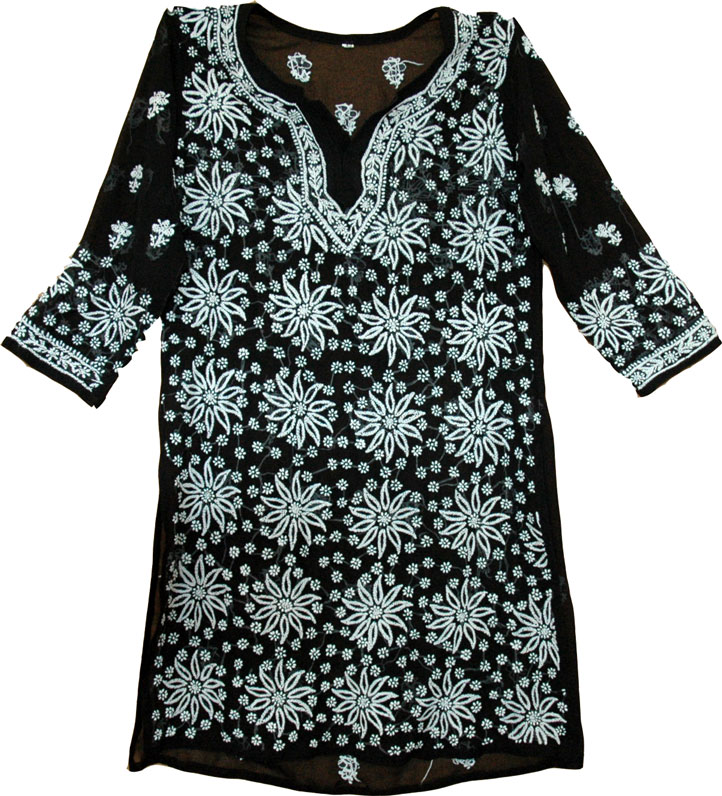 Black tunic shirt for women with hand embroidery, Black White Tunic Top Summer Shirt
