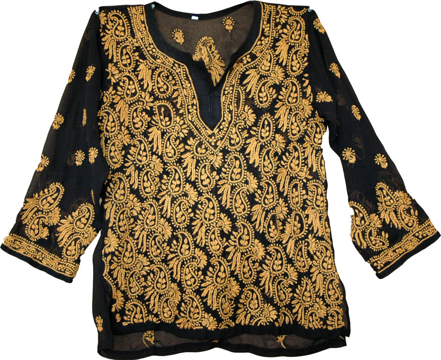 Black tunic shirt for women with hand embroidery, Black Tunic Top Summer Shirt
