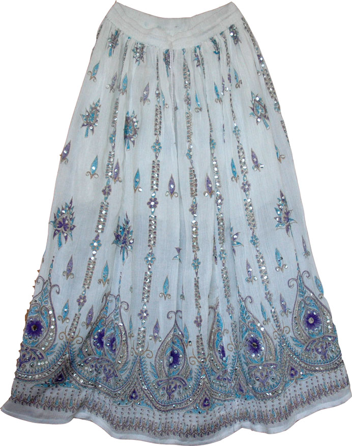 Sequined cotton long lady skirt in white from India, White Sequin Skirt with Floral Motifs