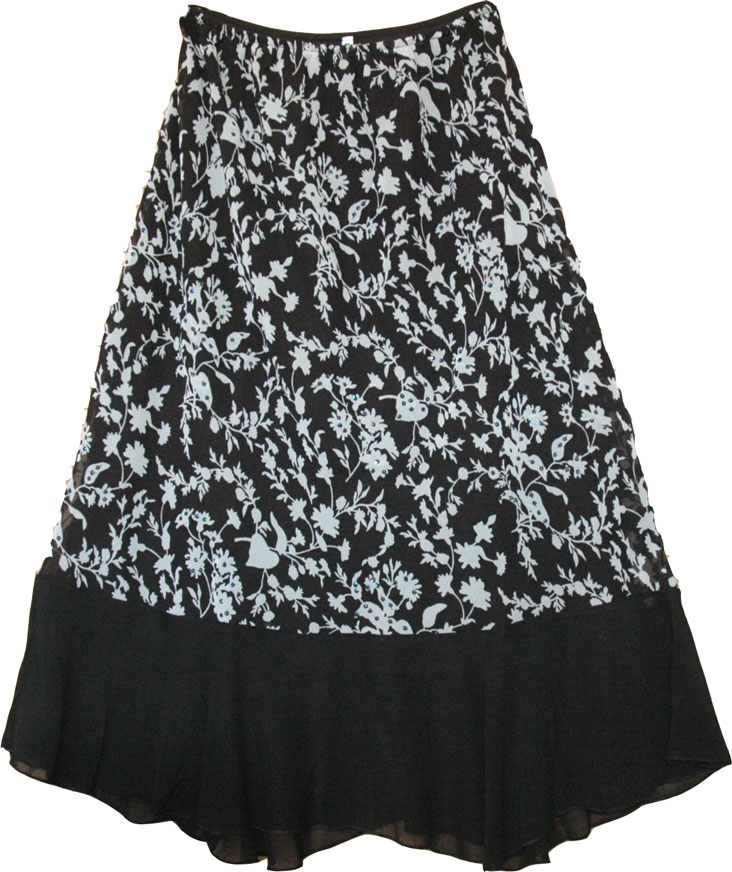 Long black skirt in a floral pattern This long skirt with sequins has an A line fit and is made of fine georgette, Floral Print Womens Long Skirt