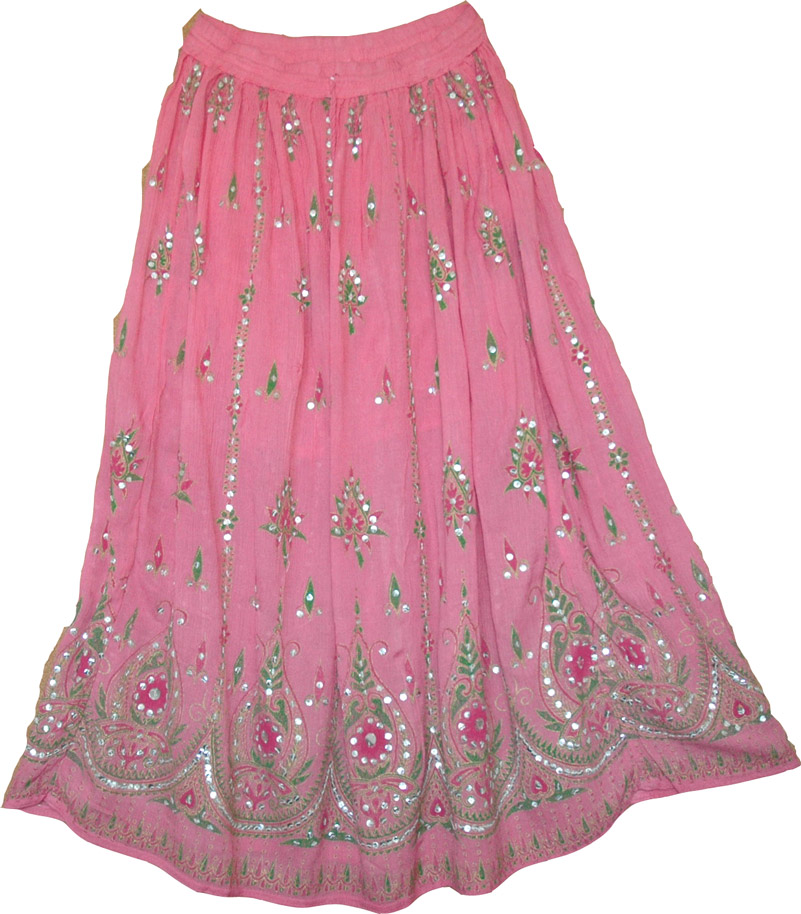 Sequined cotton long lady skirt in pink, Pink Pink Sequin Skirt