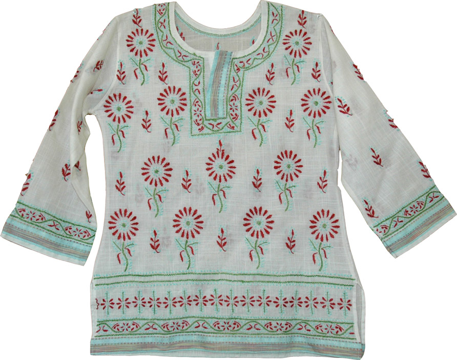 Bright summer floral tunic, White Embroidered Cotton Tunic