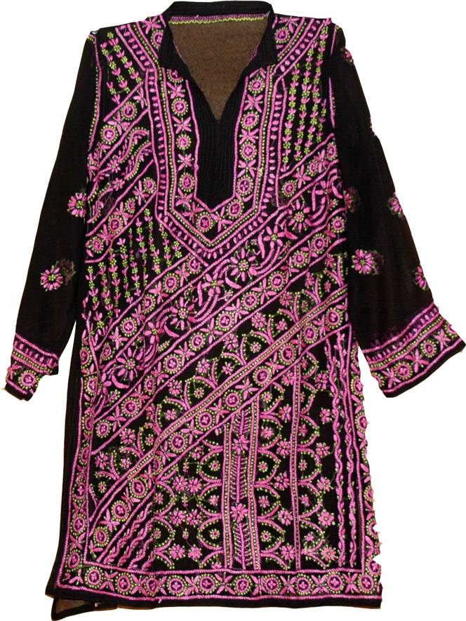 Black tunic shirt for women with hand embroidery, Black Magenta Tunic Shirt