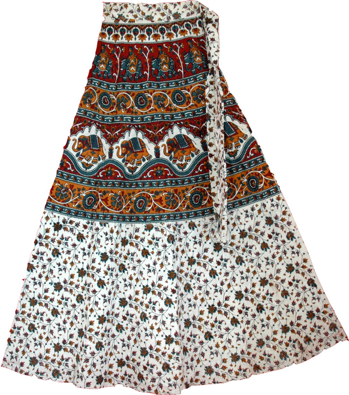 Designer Long Skirt With Ethnic Print, Ethnic Print Long Wrap Skirt