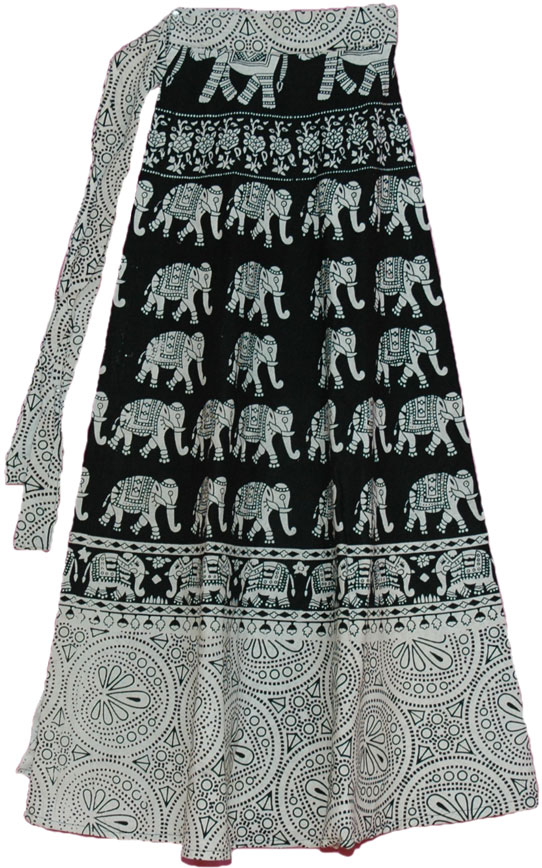 Cotton Long Skirt With Ethnic Print, Black White Long Wrap Around Skirt