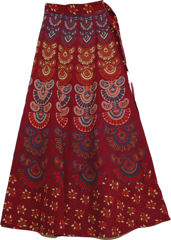 Cotton Long Skirt With Ethnic Print, Block Print Merlot Long Wrap Skirt