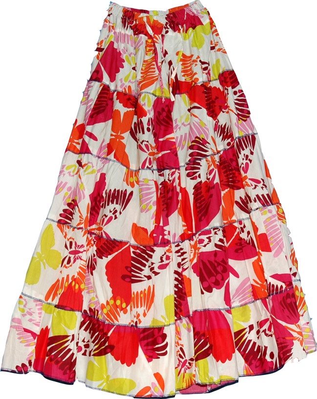 Bohemian Floral Long Skirt, White Butterfly Peasant Skirt