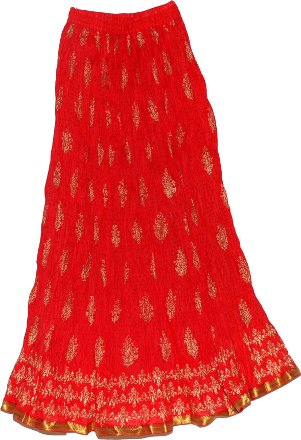 Red crinkle travel skirt, Torch Red Long Skirt in Cotton Crinkle