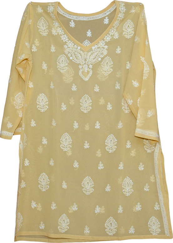 Cool Summer Yoga Tunic Top, Light Yellow Embroidered Cotton Tunic  