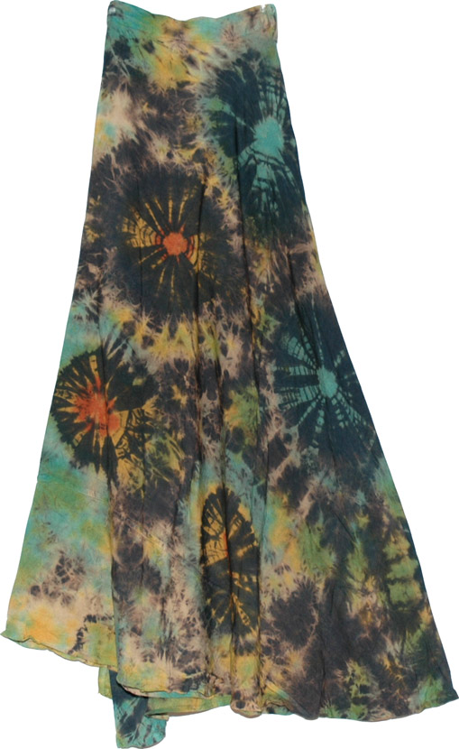 Cotton Long Skirt in Tie Dye, Tie Dye Wrap Skirt In Dark Green