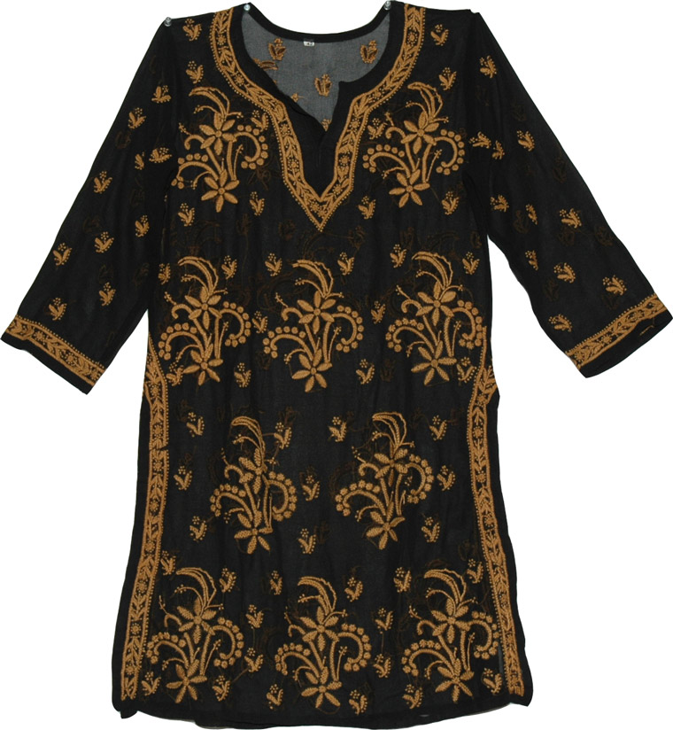 Black tunic shirt for women with hand embroidery, Black Tunic Top Summer Shirt