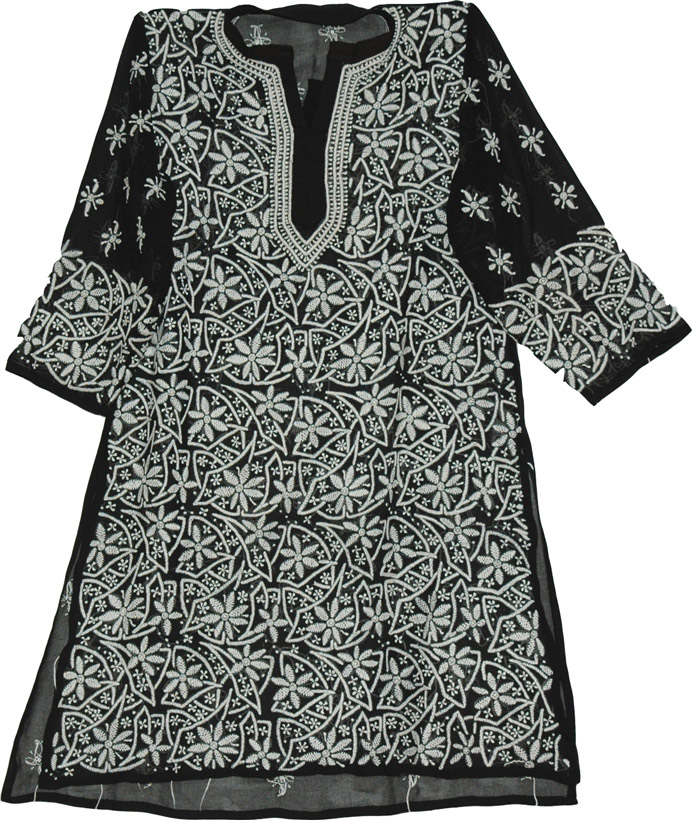 Black tunic shirt for women with hand embroidery, Black White Tunic Top Summer Shirt