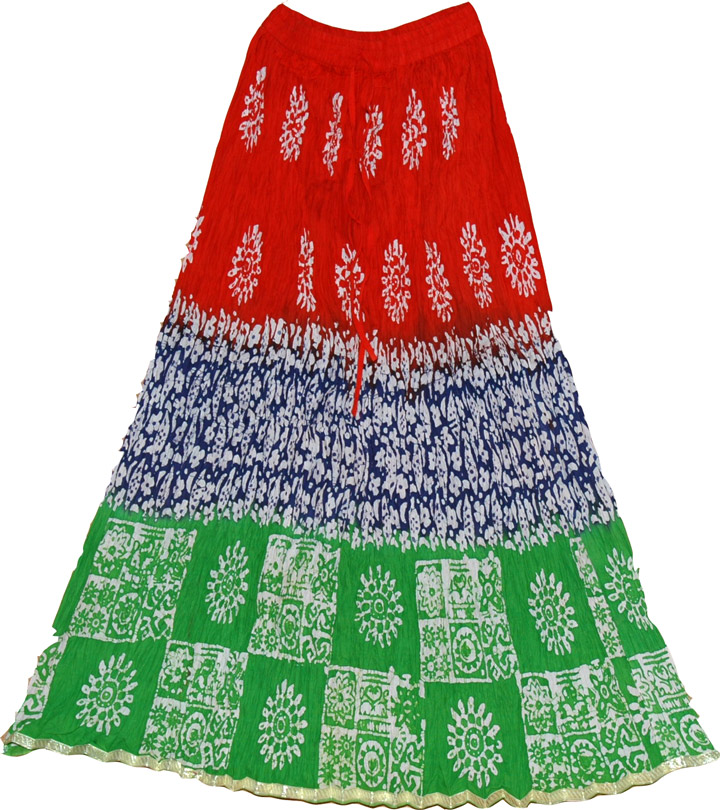 Hot red cotton summer skirt with floral batik print, Batik Print  Cotton Skirt
