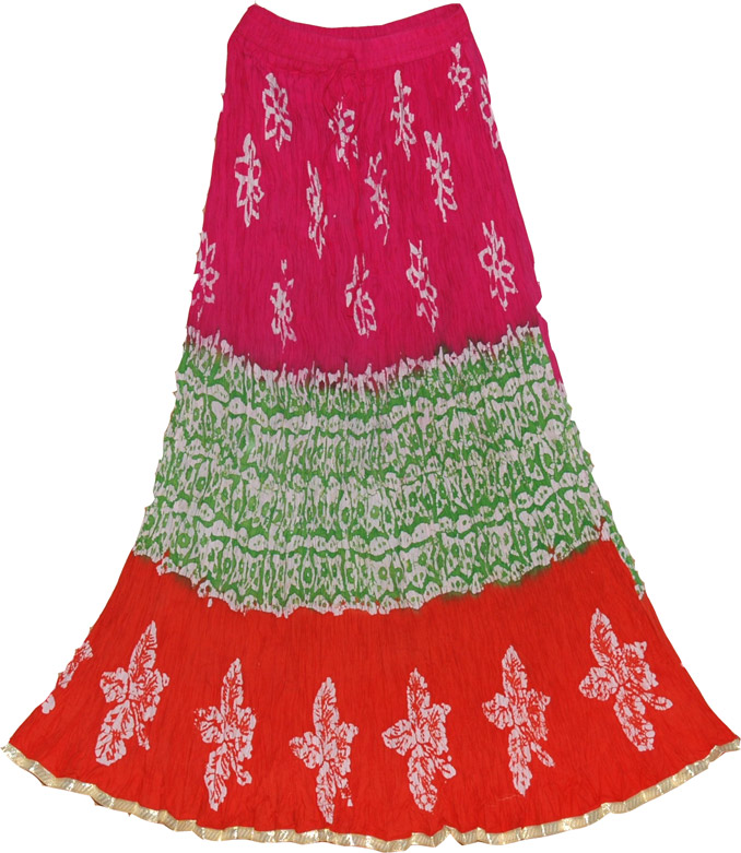 Hot pink cotton summer skirt with floral batik print, Hippie Bohemian Summer Long Skirt