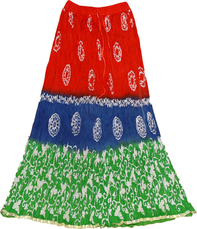 Hot red cotton summer skirt with floral batik print, Long Crinkled Cotton Skirt
