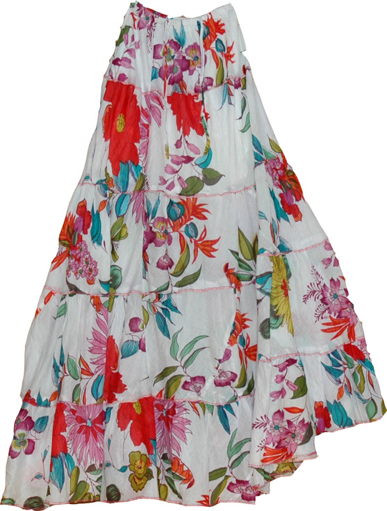 Bohemian Floral Long Skirt, White Floral Peasant Skirt