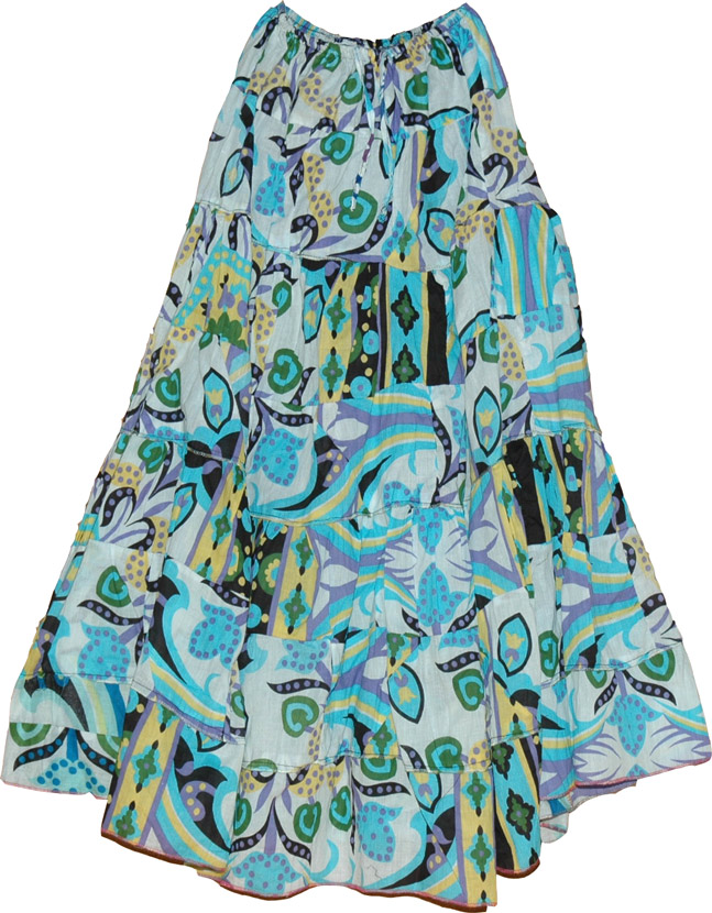 Cotton Printed Long Skirt, Turquoise Printed Hippie Long Skirt
