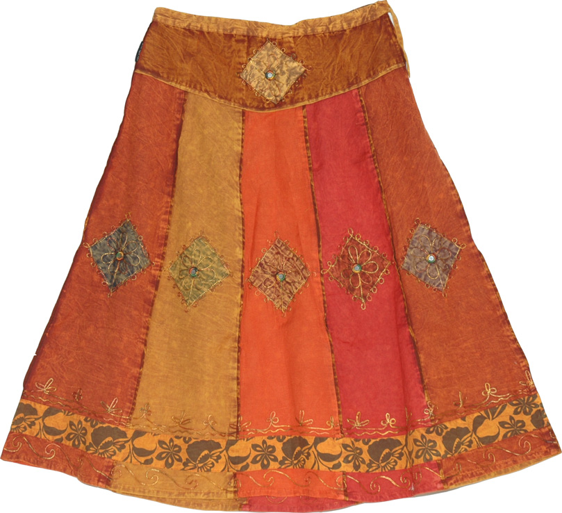 Paneled Winter Boho Skirt, Orange Roughy Plus Size Skirt