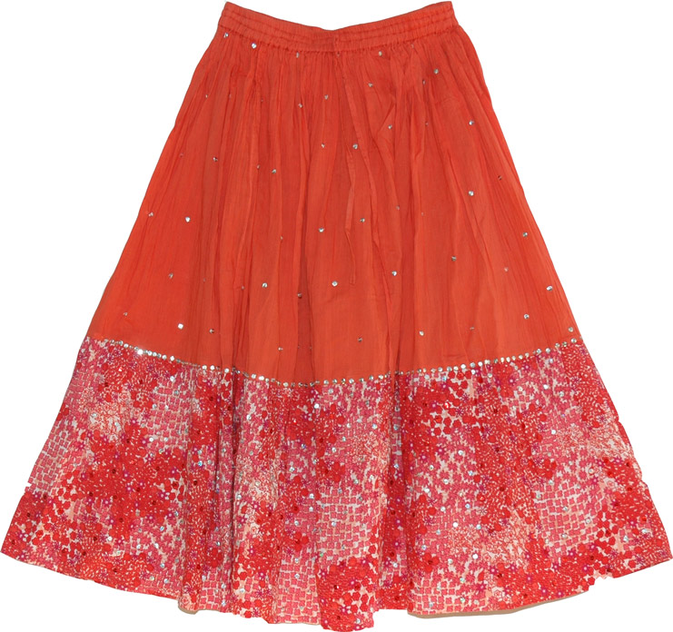Womens orangish-red floral skirt, Valencia Floral Summer Skirt