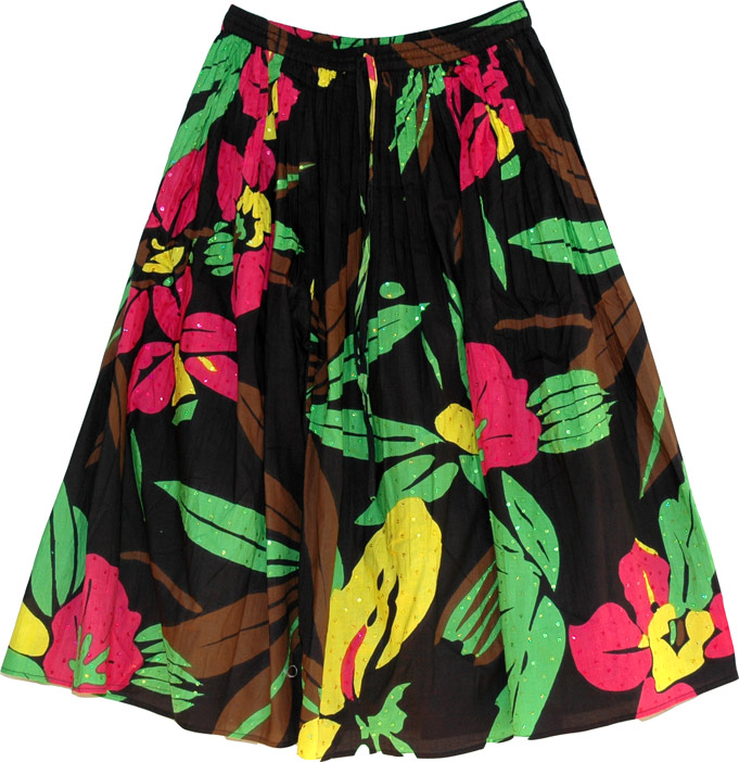 Printed Cotton Skirt with Sequins, Black Floral Cotton Skirt