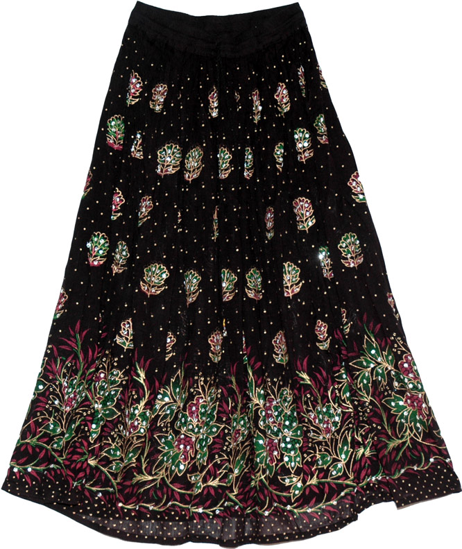 Party Traditional Evening Long Skirt with Sparkling Sequins, Floral Long Black Sequin Skirt