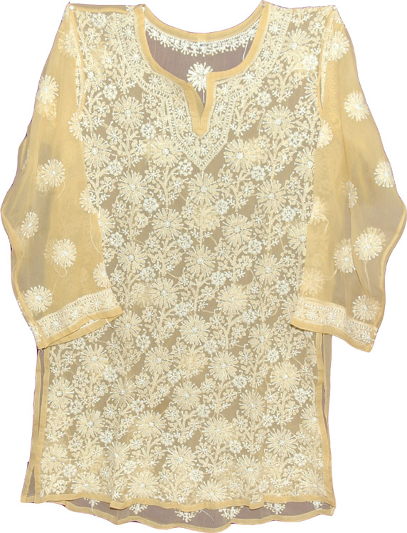 Womens Tunic Shirt in Yellow, Calico Embroidered Long Tunic  