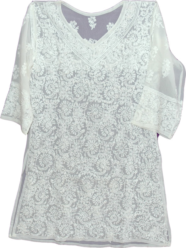 Womens Tunic Shirt in White, White Summer Long Tunic Top