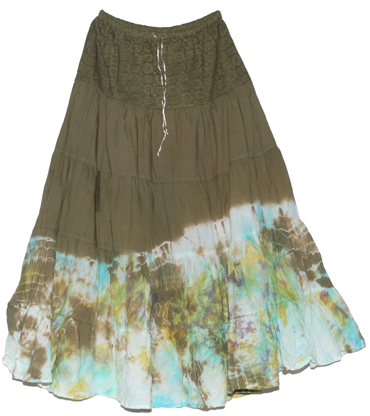 Brown Tie Dye Long Indian Village Skirt , Hemlock Tobacco Tie Dye Countryside Skirt