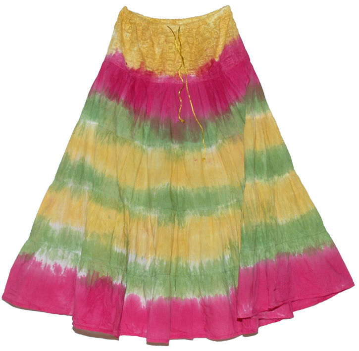 Ping Yellow Green Tie Dye Long Skirt, Hot Summer Tie Dye Long Skirt