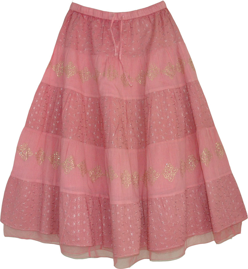 Delicate Embroidery Summer Long Skirt, Embroidered Pink Hakoba Long Skirt